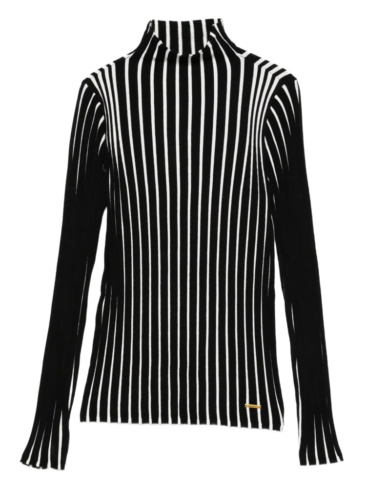 Twin-Set Vertical Stripe Pullover With High Neckline And Fitted Silhouette
