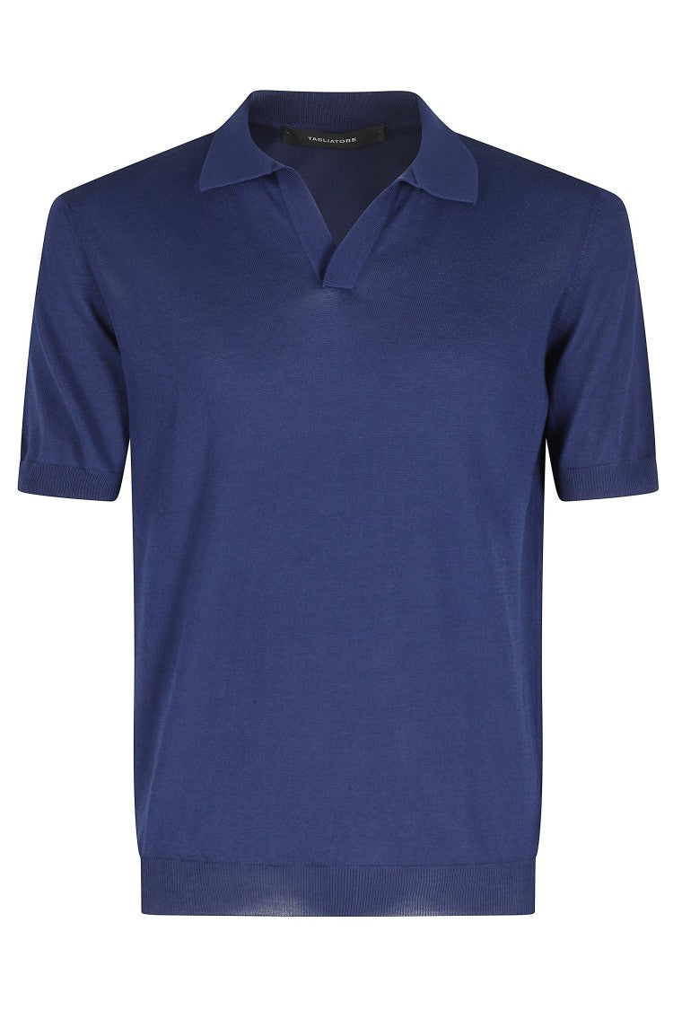 Tagliatore Blue Keith Short Sleeve Ribbed Trim Cotton Polo Shirt
