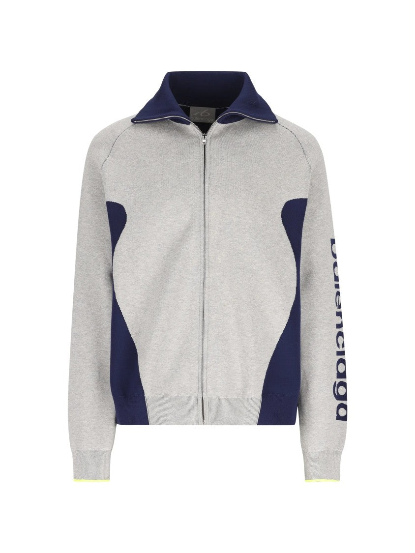 Balenciaga Zip-Up Cardigan With Contrast Navy Panels And Ribbed Details
