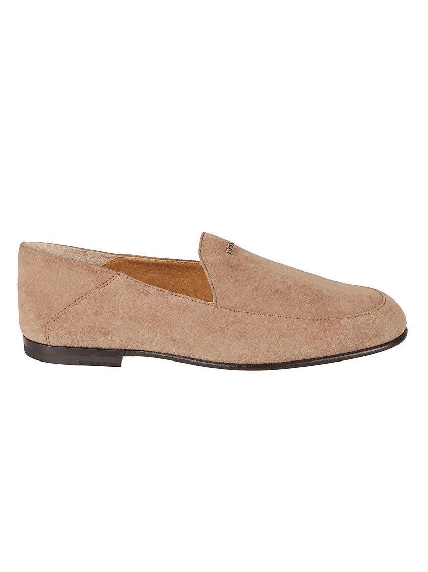Tod's Minimalist Suede Flats With Rounded Toe And Metallic Logo