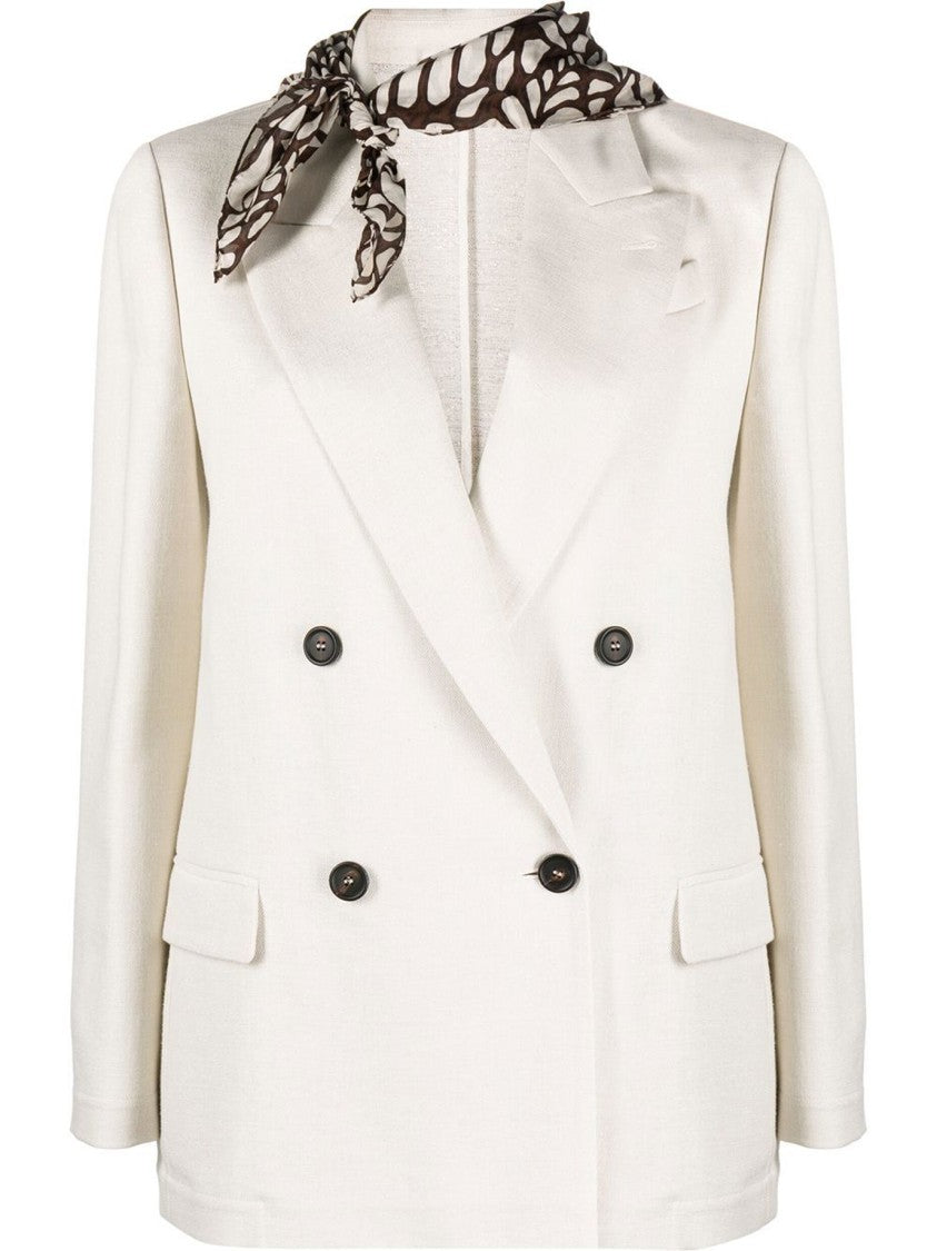 Brunello Cucinelli Double-Breasted White Jacket With Notched Lapel