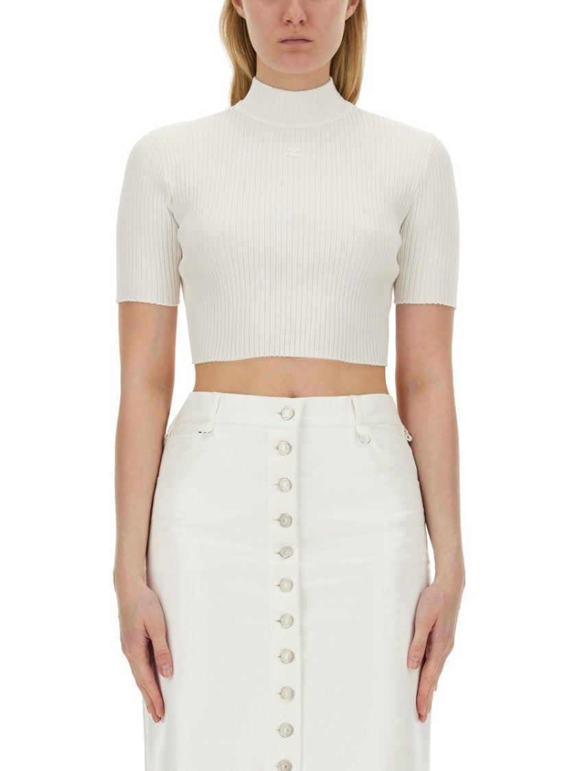 Courrèges Ribbed Fitted White Crop Top