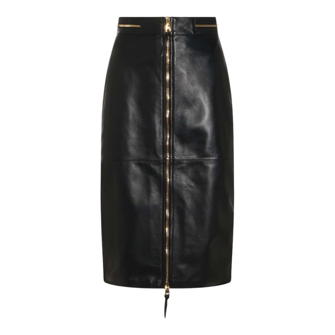 Elisabetta Franchi Sleek Black Leather Midi Skirt With Gold Zipper Accents