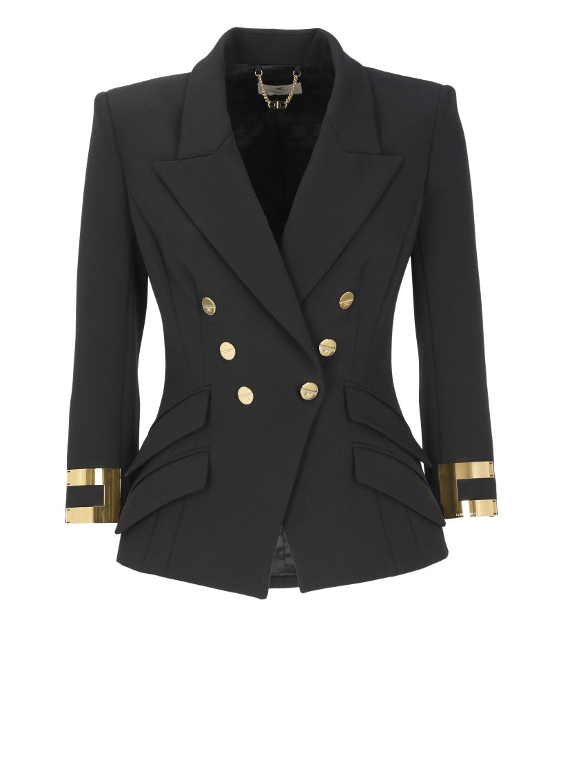 Elisabetta Franchi Double-Breasted Black Jacket With Peak Lapel And Gold Accents