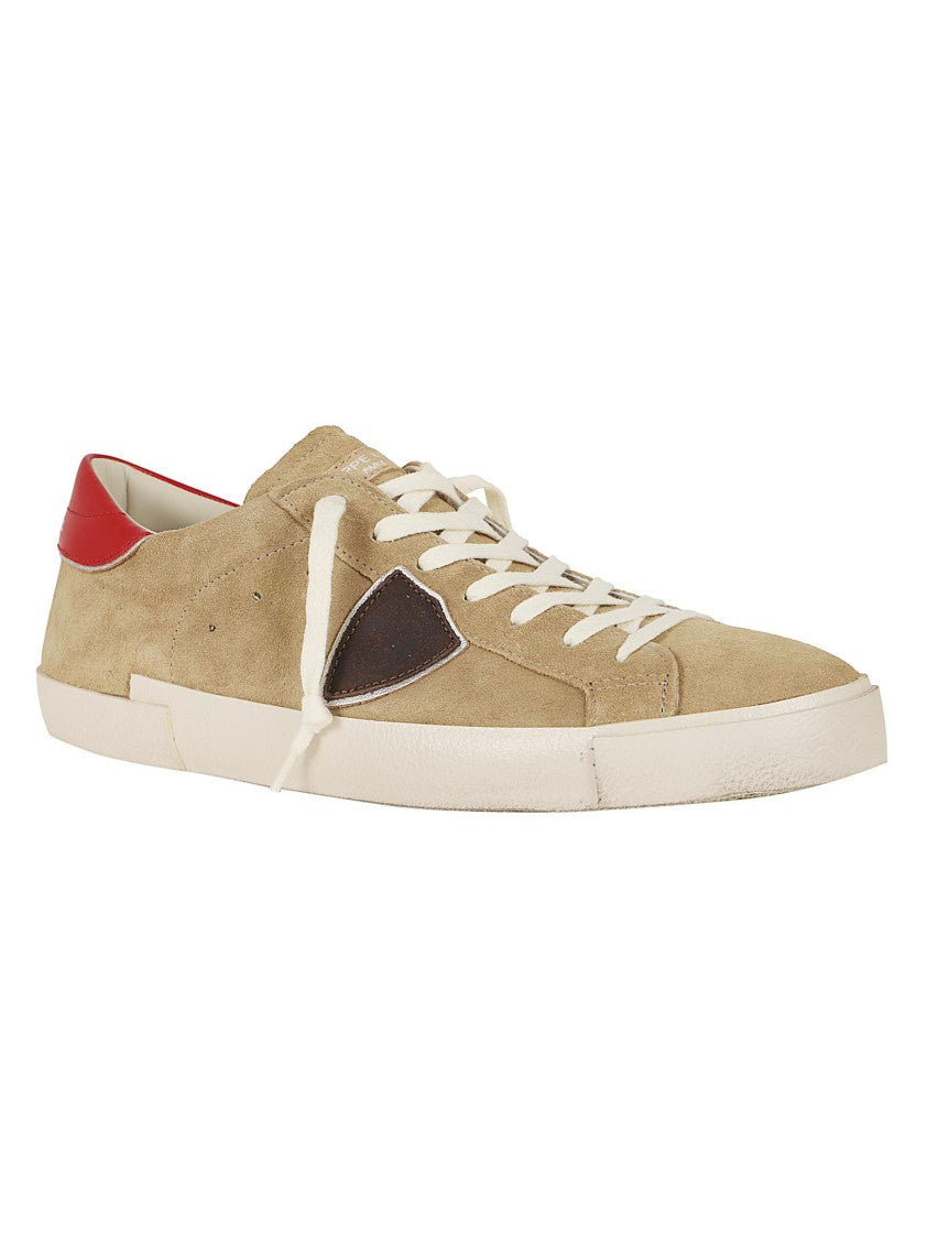 Philippe Model Beige Suede Low-Top Sneakers With Red Heel Tab