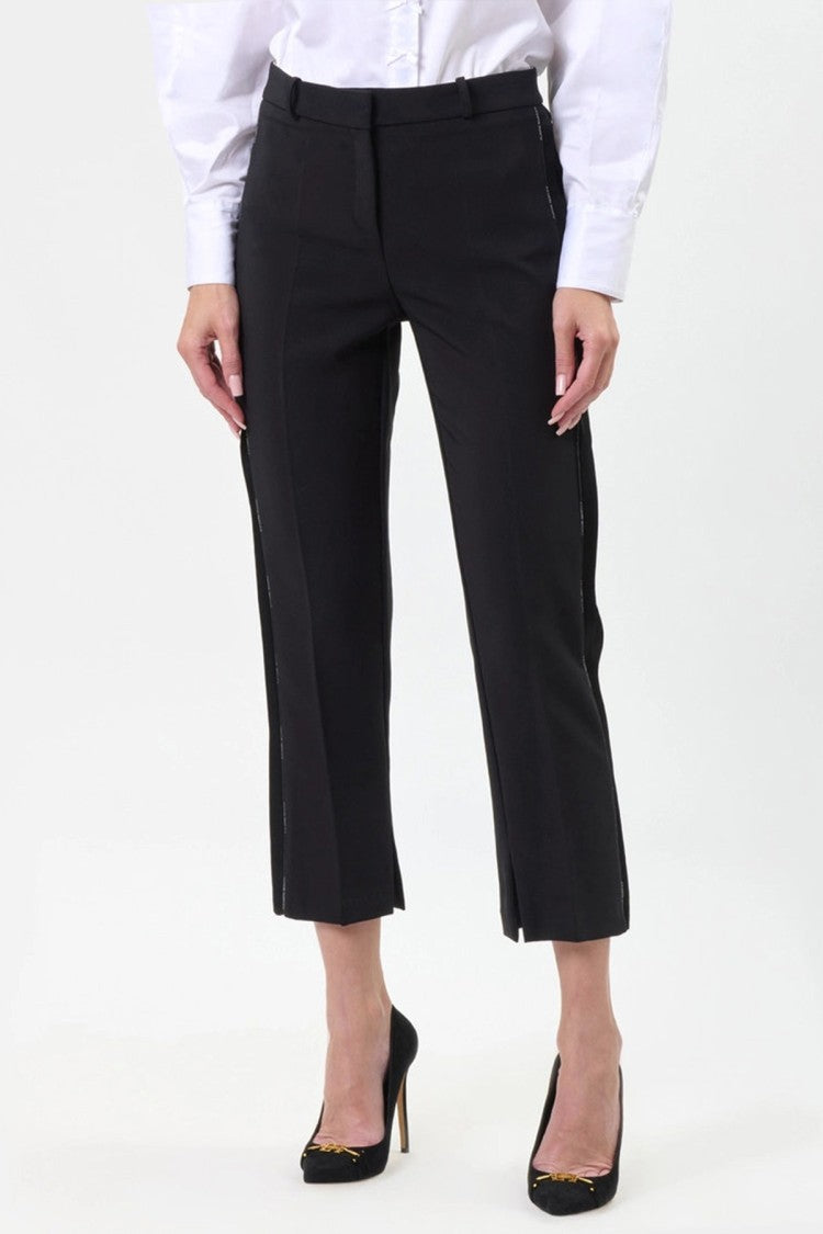 Elisabetta Franchi Black High-Waisted Crystal Side-Seam Polyester-Blend Tapered Pants