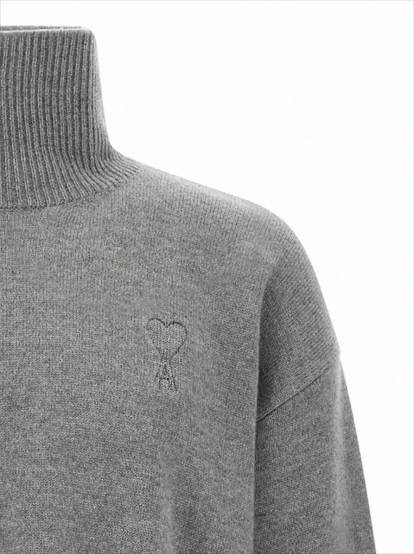 Ami Paris Soft Knitted Turtleneck Sweater With Ribbed Details