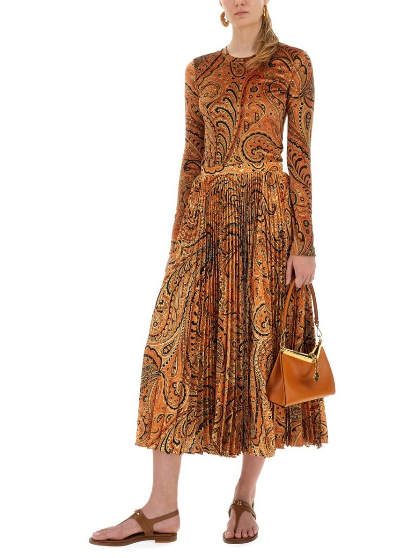 Etro Pleated Sablé Skirt With Vibrant Paisley Print