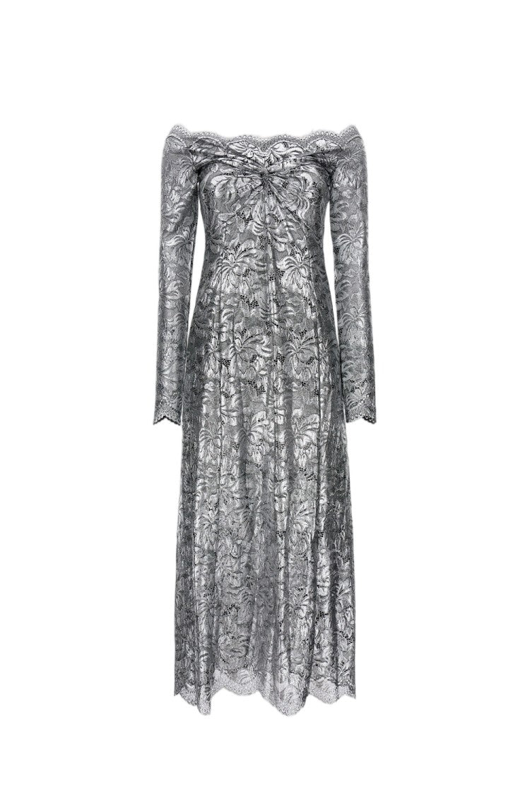 Rabanne Lace Maxi Dress With Boat Neckline And Metallic Finish