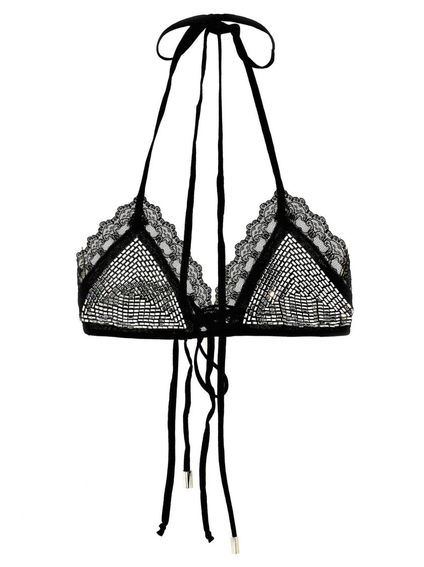 The Attico Black Mesh Bra With Rhinestone