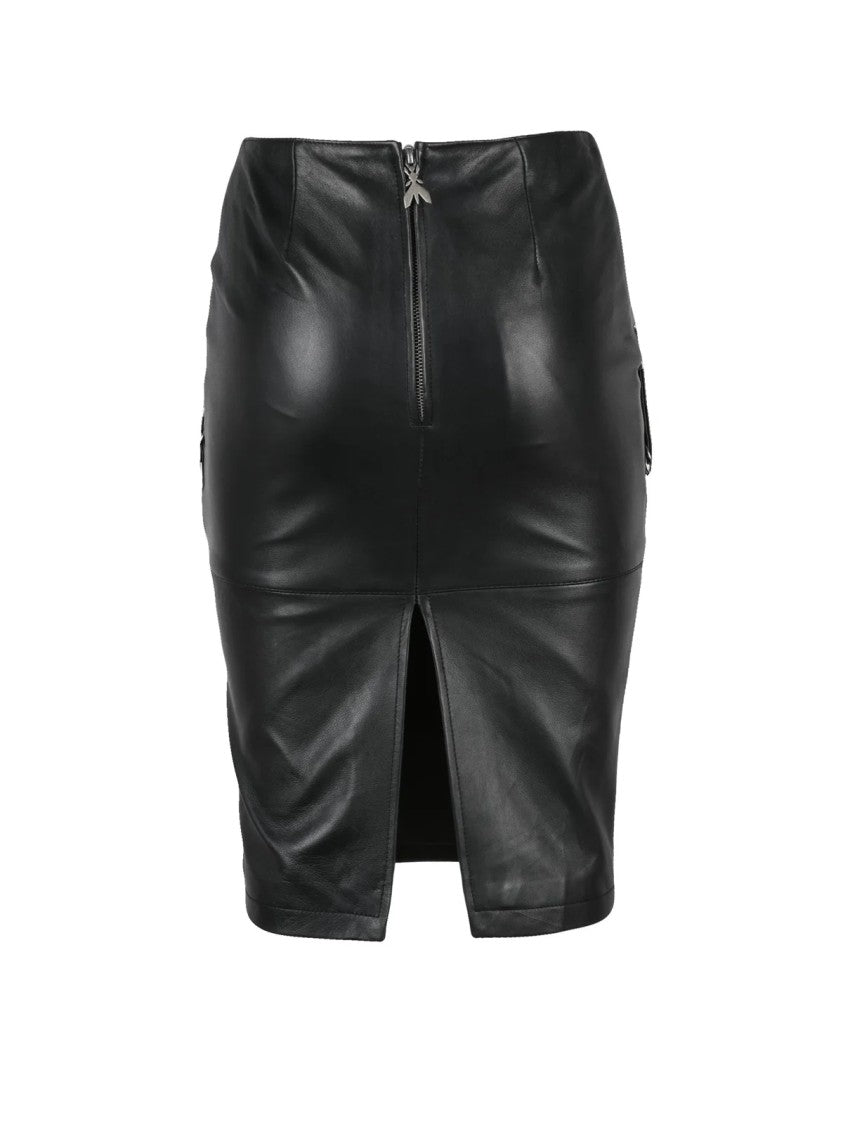 Patrizia Pepe Black Leather Zip Fitted Midi Skirt