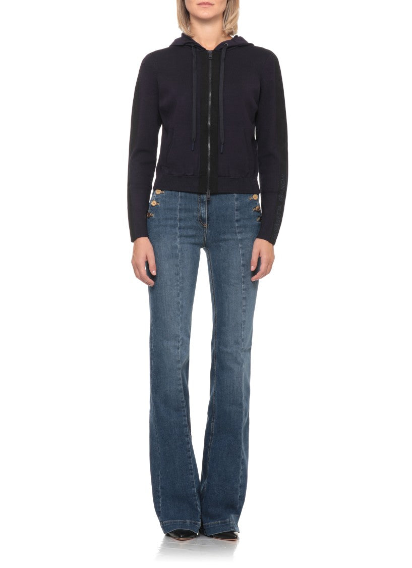 Elisabetta Franchi Blue Embossed Logo Hooded Cotton-Blend Sweatshirt
