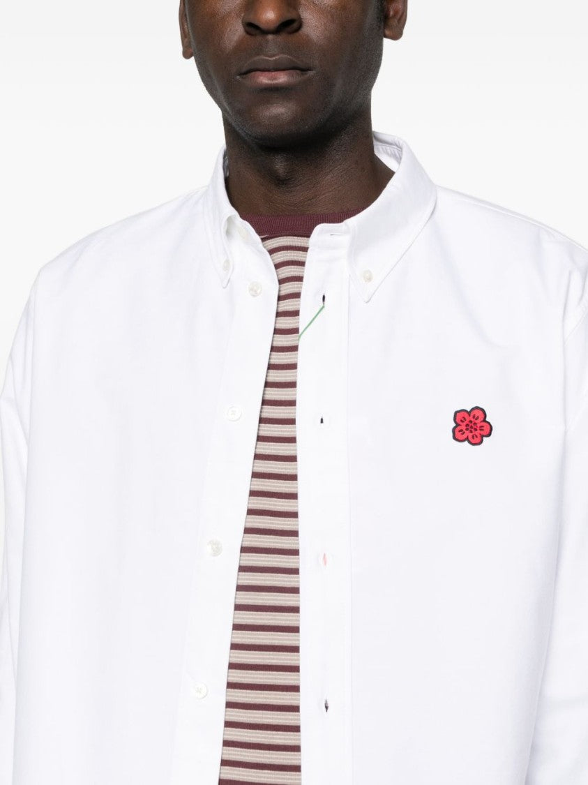 Kenzo Button-Down White Shirt With Floral Emblem