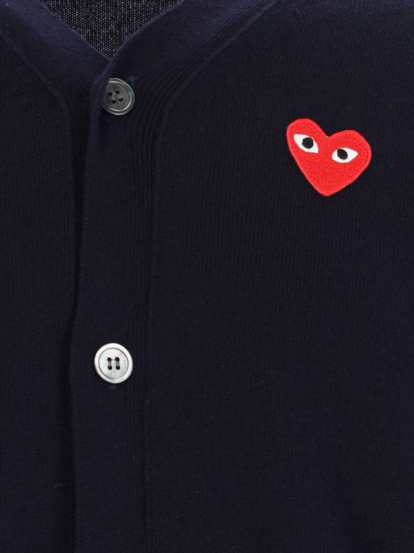 Comme Des Garçons V-Neck Red Heart Patch Blue Wool Cardigan