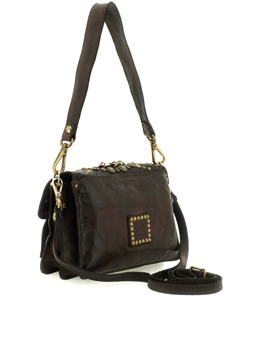 Campomaggi Medium Brown Leather Handbag With Decorative Studs And Clasp Closure