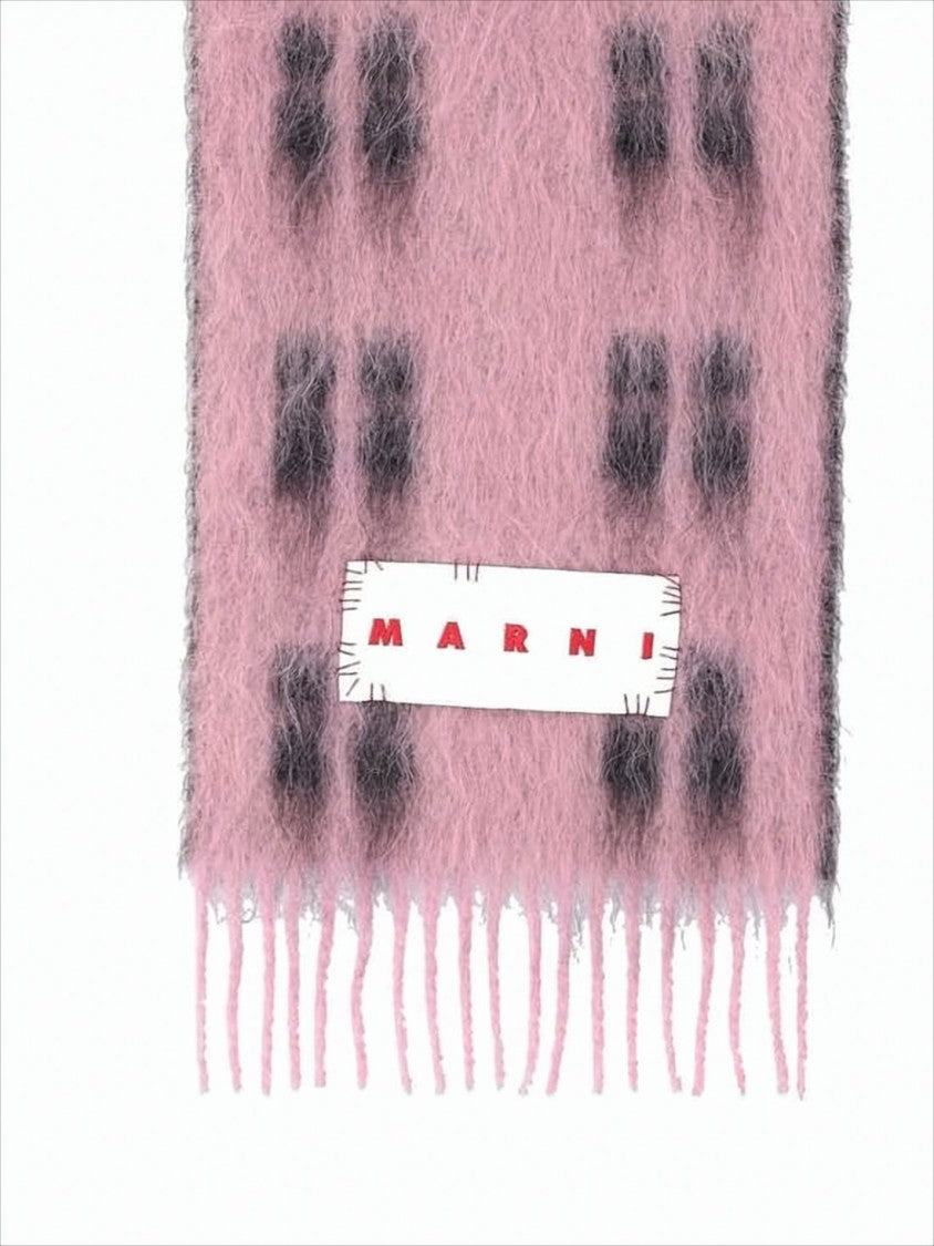 Marni Checkered Patterned Scarf With Fringed Ends And Distinctive Label