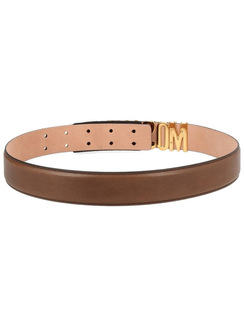 Moschino Oversized Metallic Logo Smooth Leather Belt