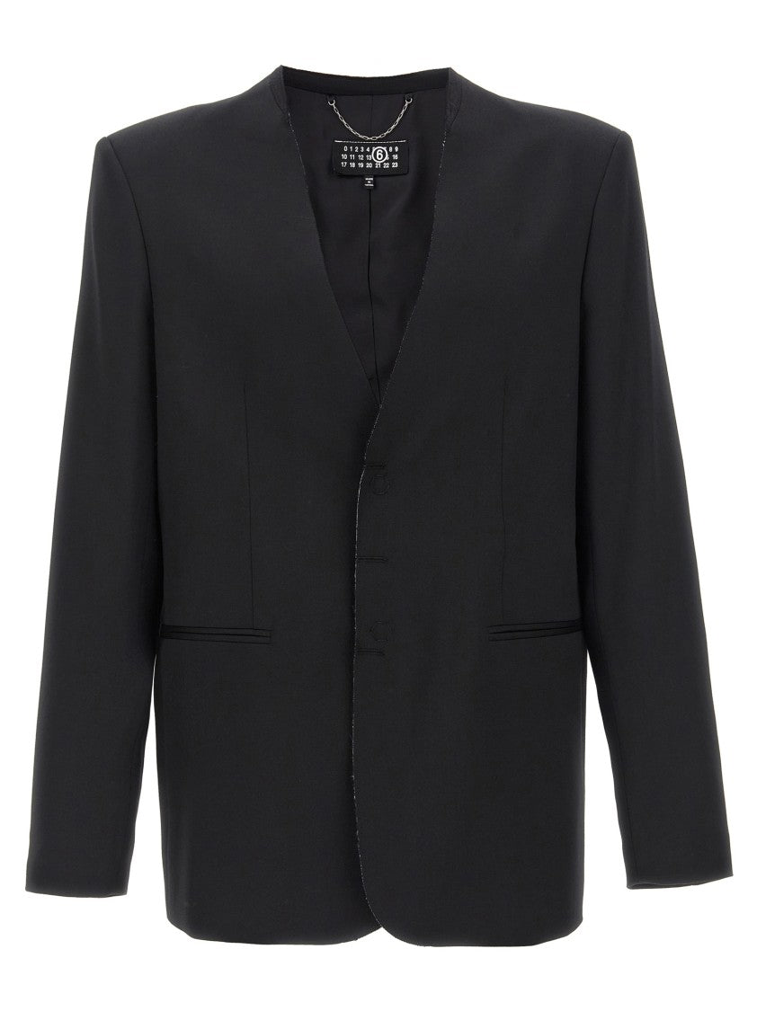 Mm6 By Maison Margiela Single-Breasted Wool Blend Blazer With Distinctive Raw Cut Hem