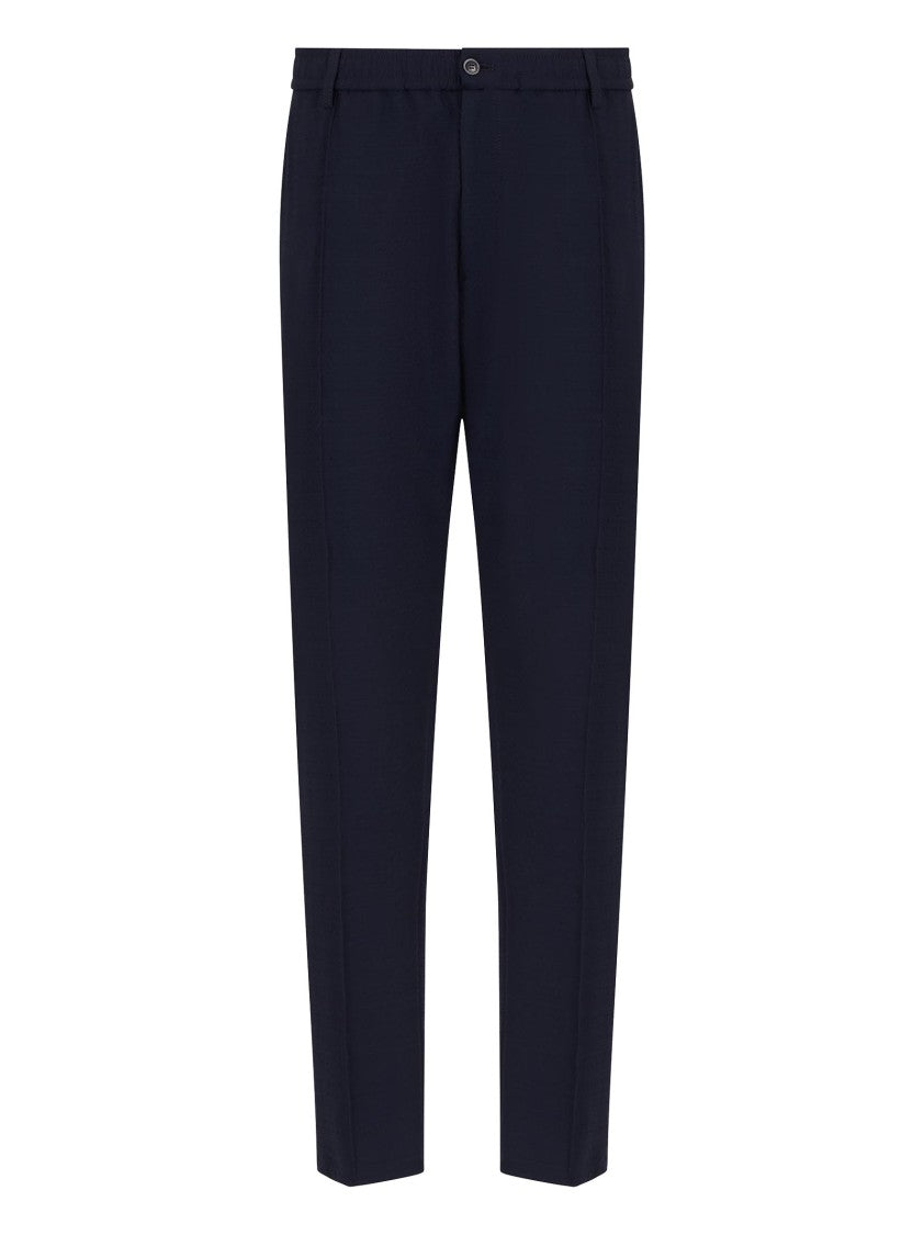 Emporio Armani Navy Seersucker Trousers With Elasticated Waist