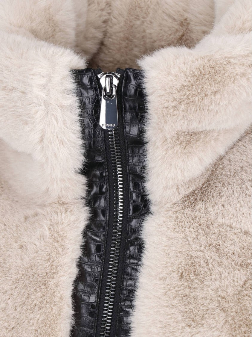Pinko Beige Faux Fur Bagels Bomber Jacket