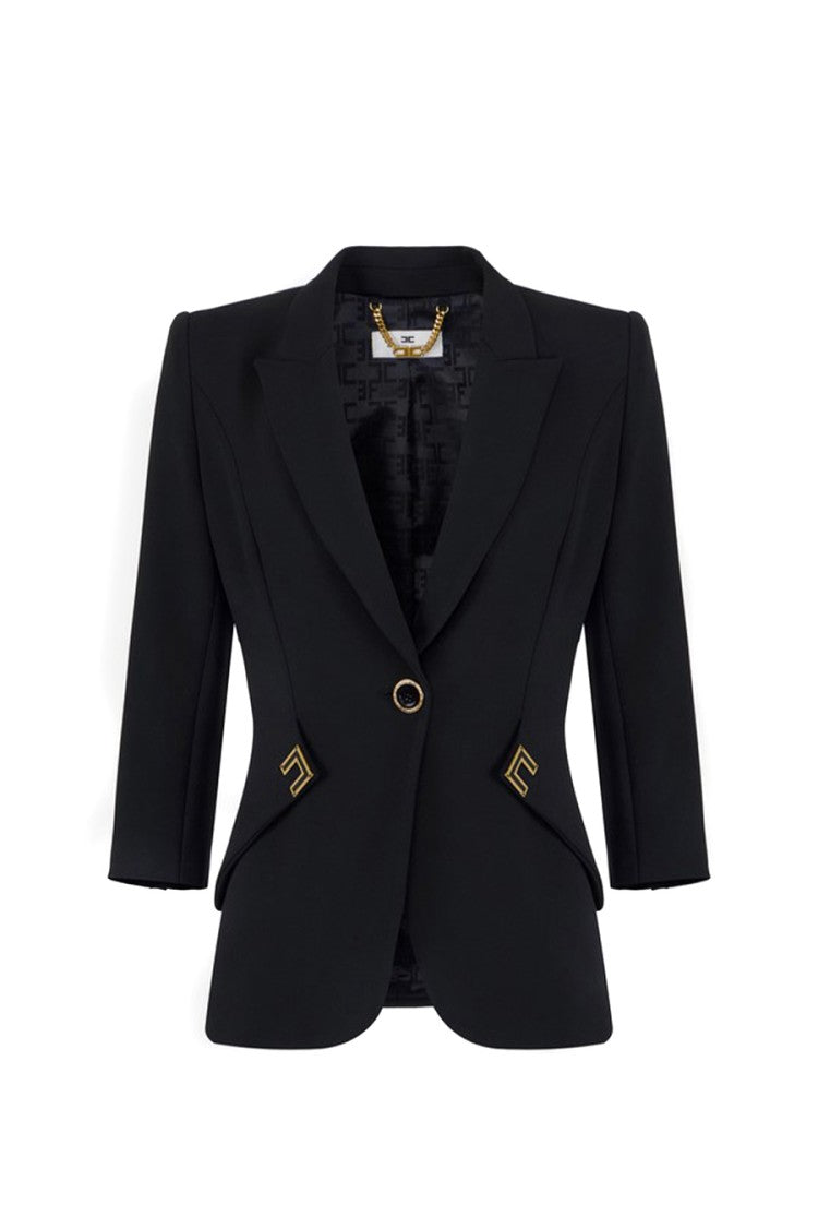 Elisabetta Franchi Black Single-Breasted Gold Ring-Button Polyester-Blend Blazer