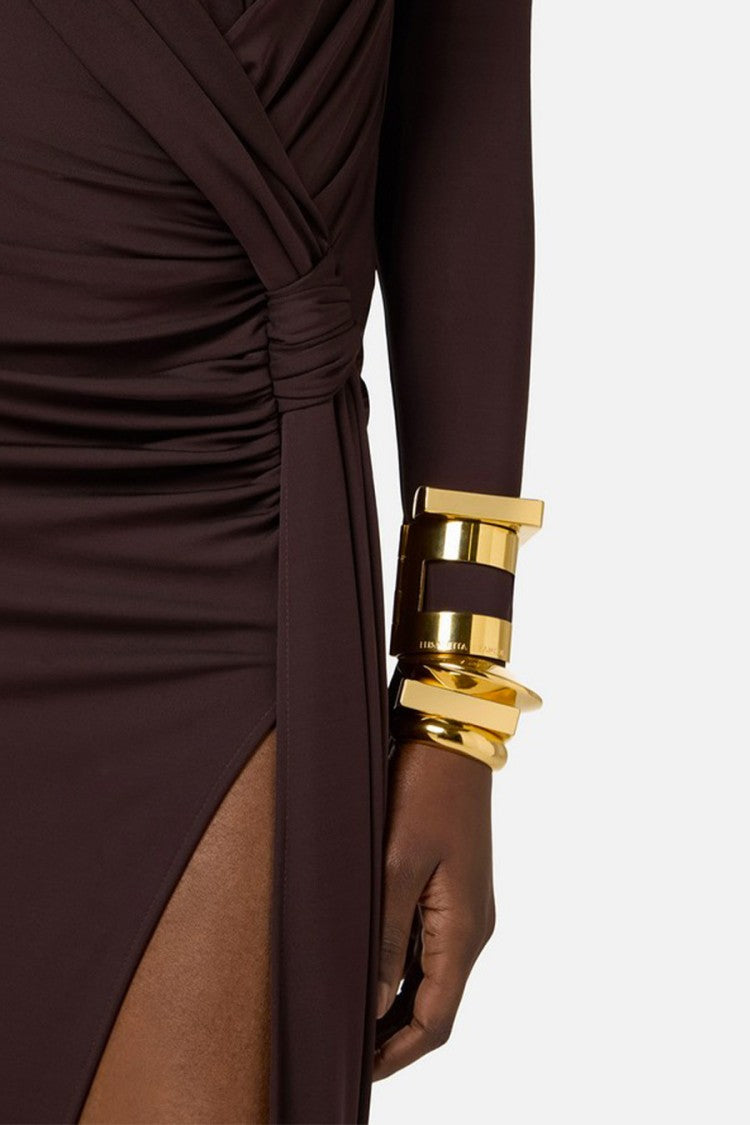 Elisabetta Franchi Brown Draped Knot Thigh-High Slit Polyester-Blend Dress