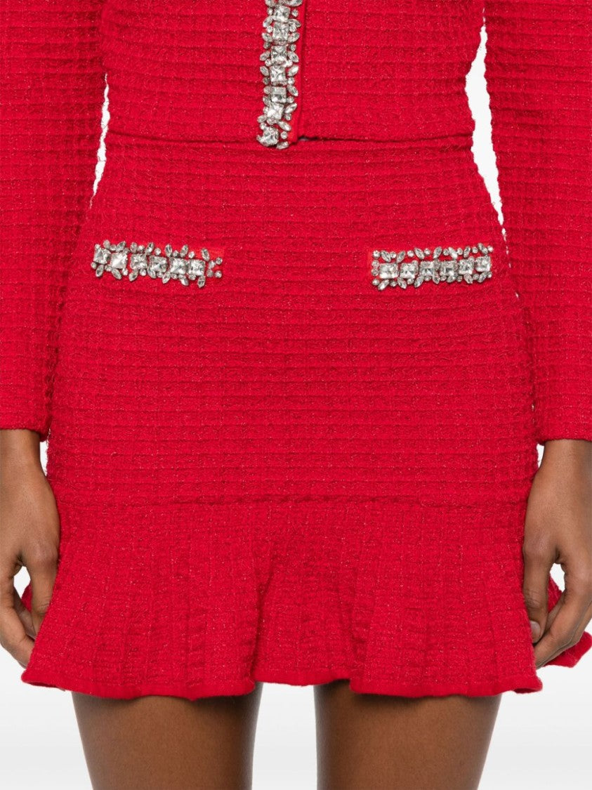 Self-Portrait Textured Flared Red Skirt With Decorative Embellishments