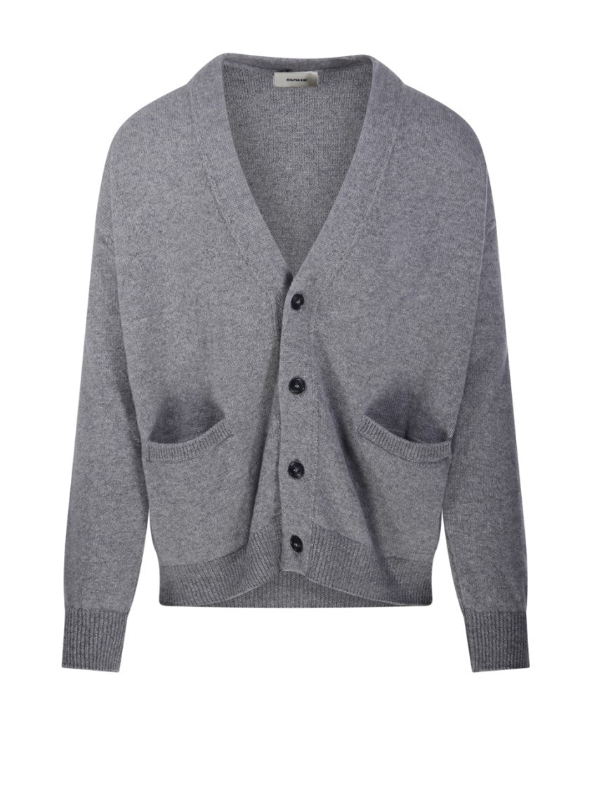 A Paper Kid Relaxed Fit Grey Cardigan With Deep V-Neckline And Cashmere Blend