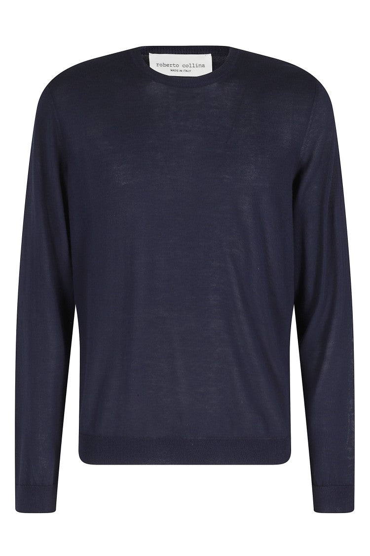 Roberto Collina Blue Long Sleeve Crewneck Ribbed Trim Cotton Sweater