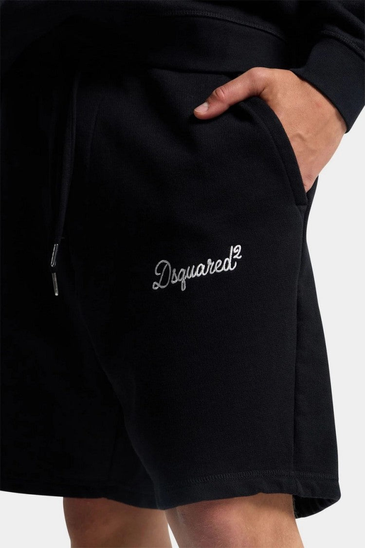 Dsquared2 Black Drawstring Waist Script Logo Cotton Shorts