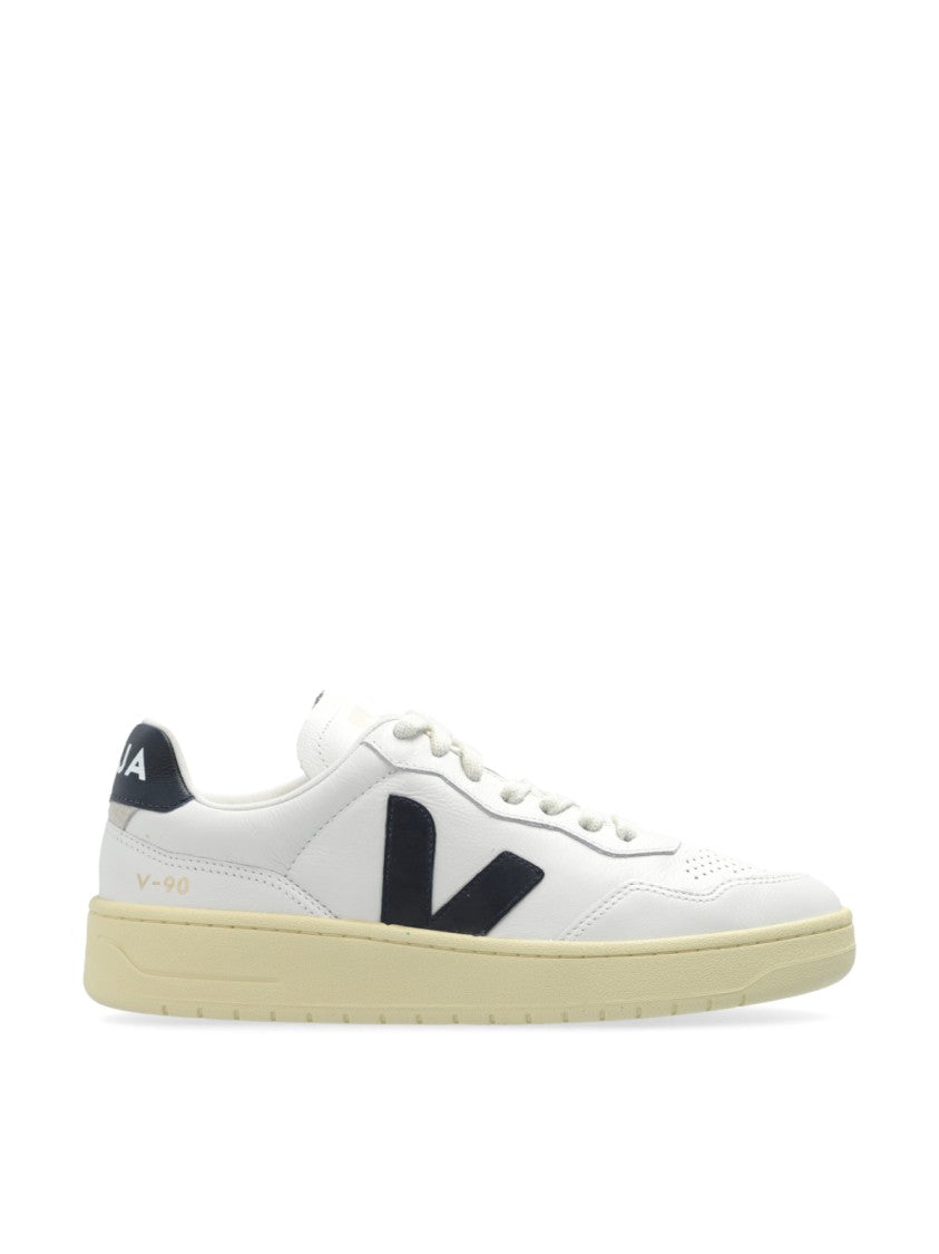 Veja White V-90 O.T. Logo Accents Leather Sneakers