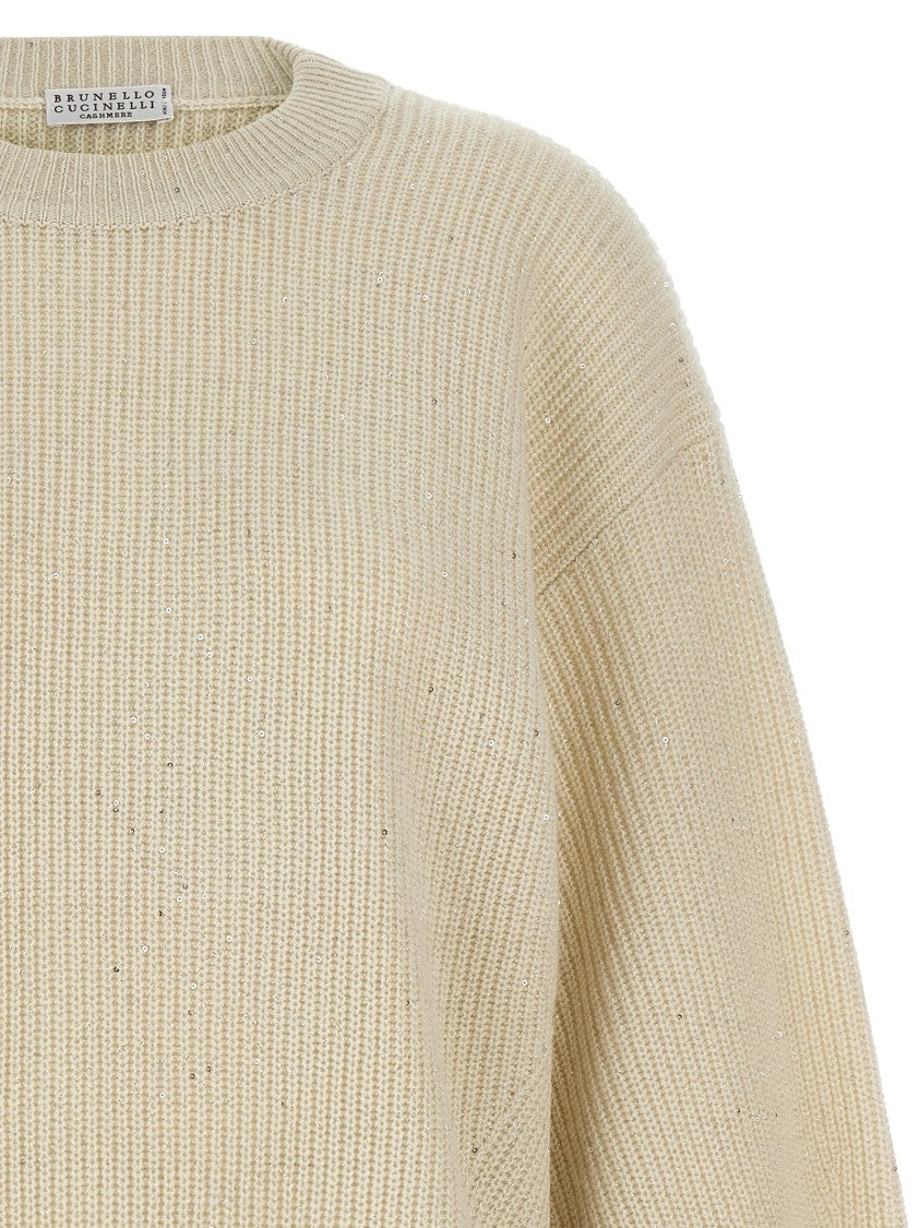 Brunello Cucinelli Ribbed Cashmere Blend Sweater With Sequin Appliqué