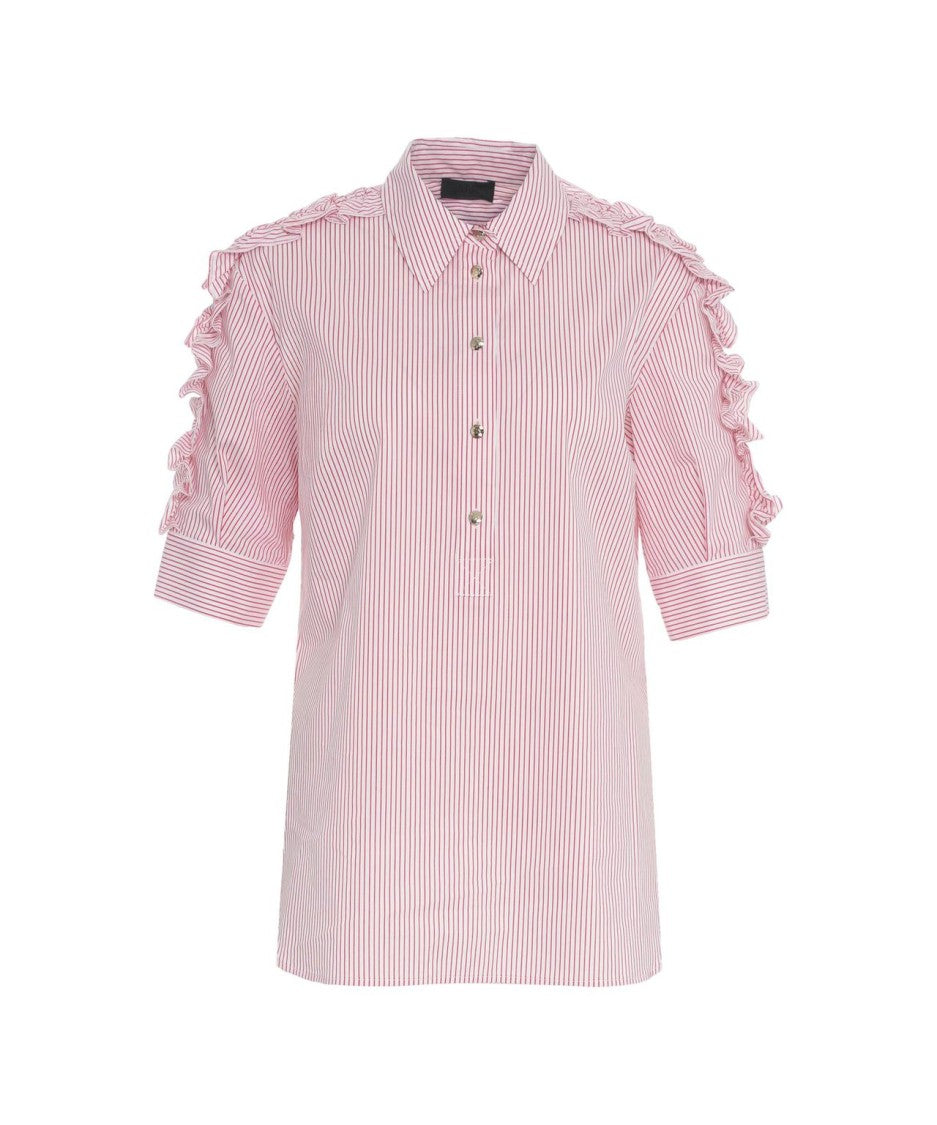 Liu Jo Ruffled Detail Striped Shirt With Rounded Hem