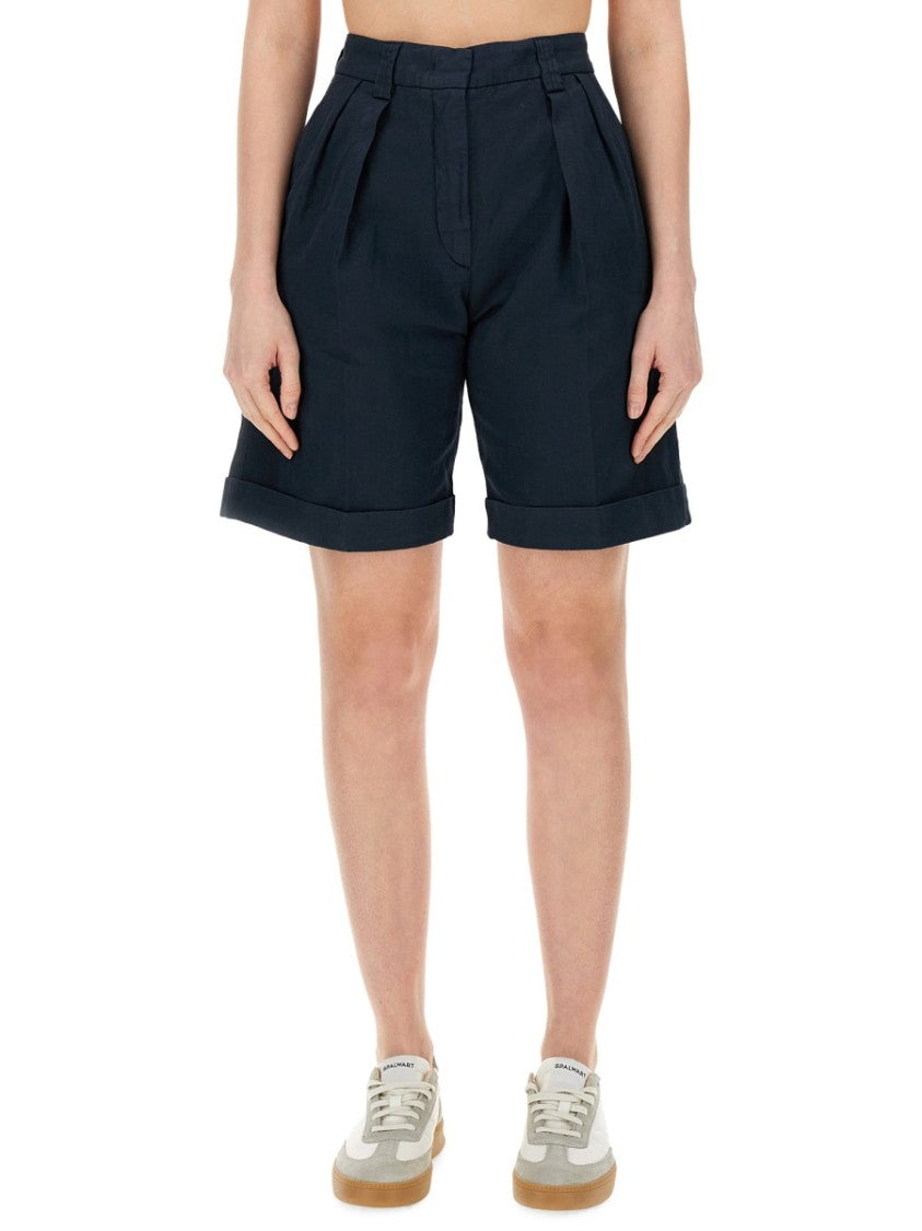 Aspesi Tailored High-Waisted Cotton-Linen Shorts With Pleated Front