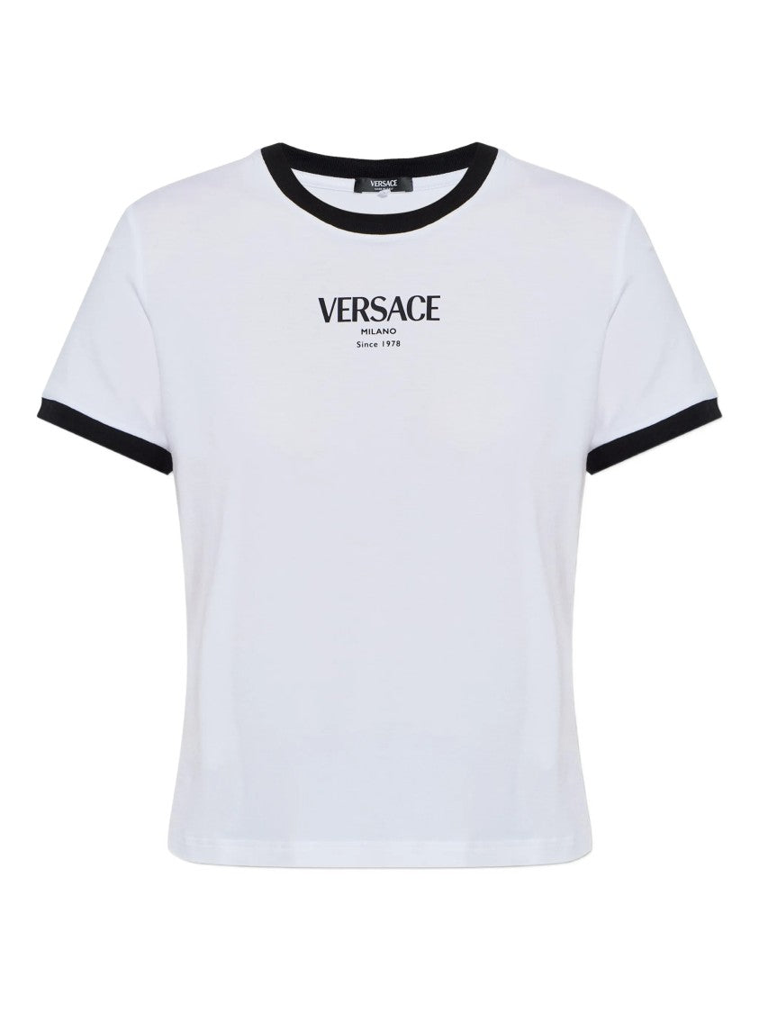 Versace White Cropped Viscose Contrast Trim T-Shirt