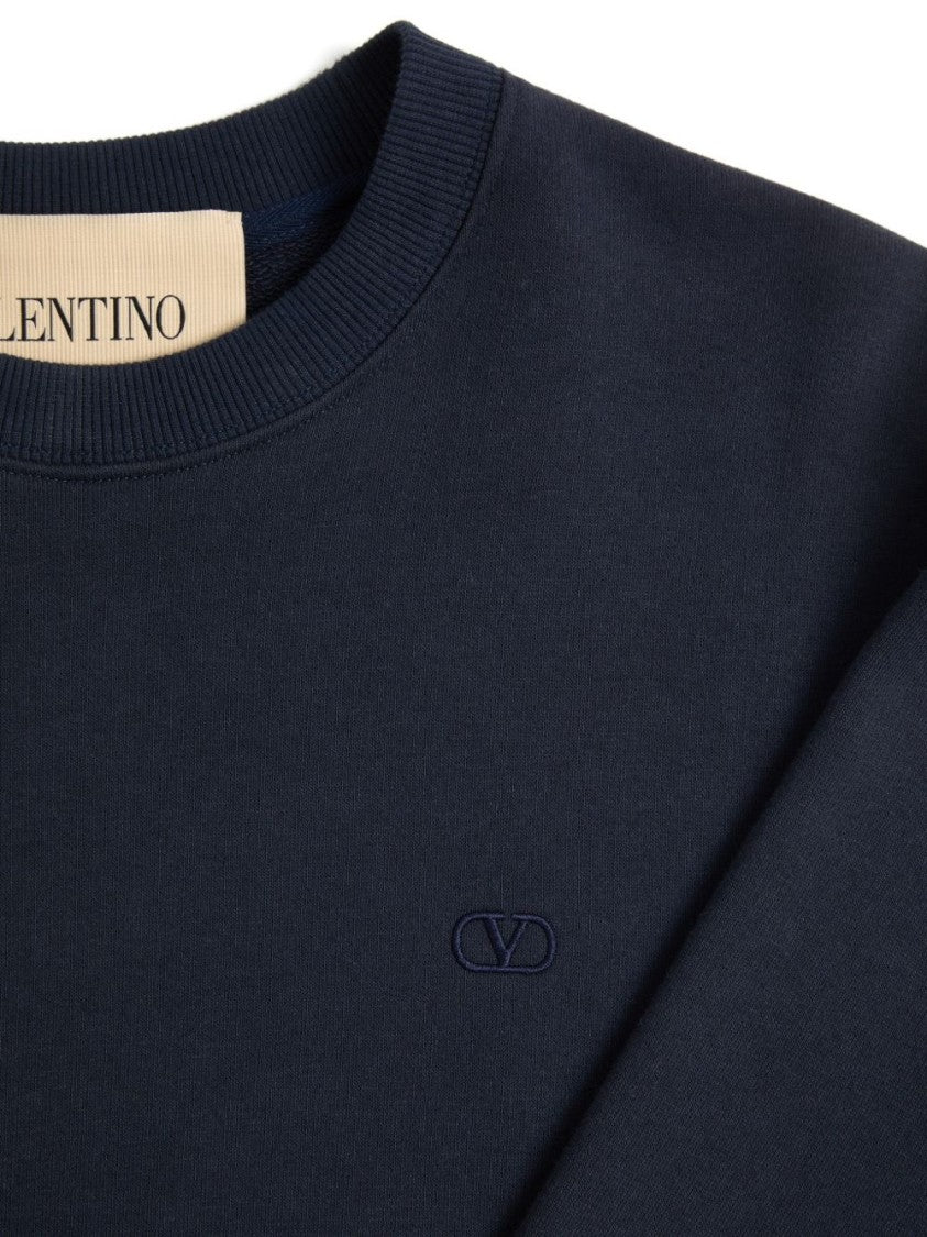 Valentino Garavani Black Crewneck Embroidered Ribbed Details Sweatshirt