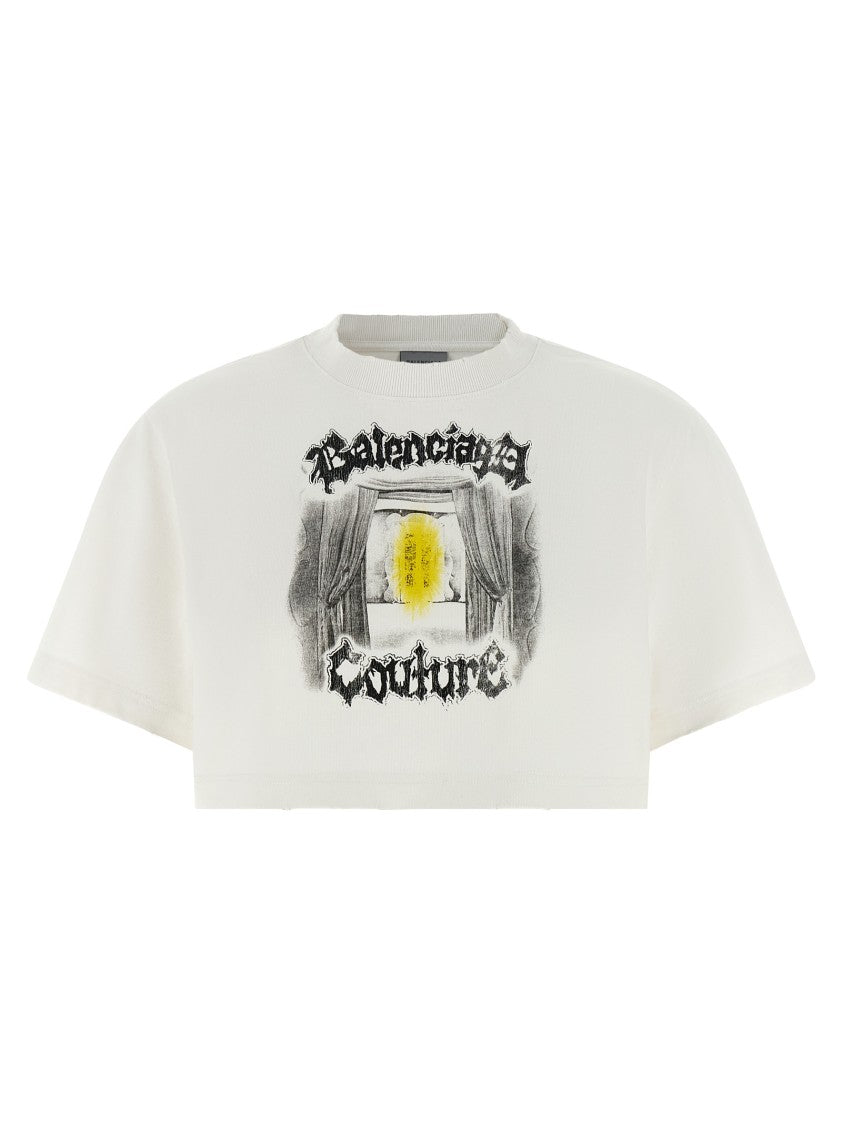 Balenciaga Cropped Cotton T-Shirt With Crewneck And Distressed Print