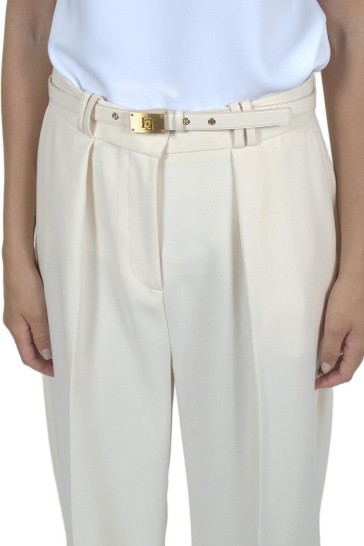 Elisabetta Franchi Cream Pleated Belted Wide-Leg Polyester Pants