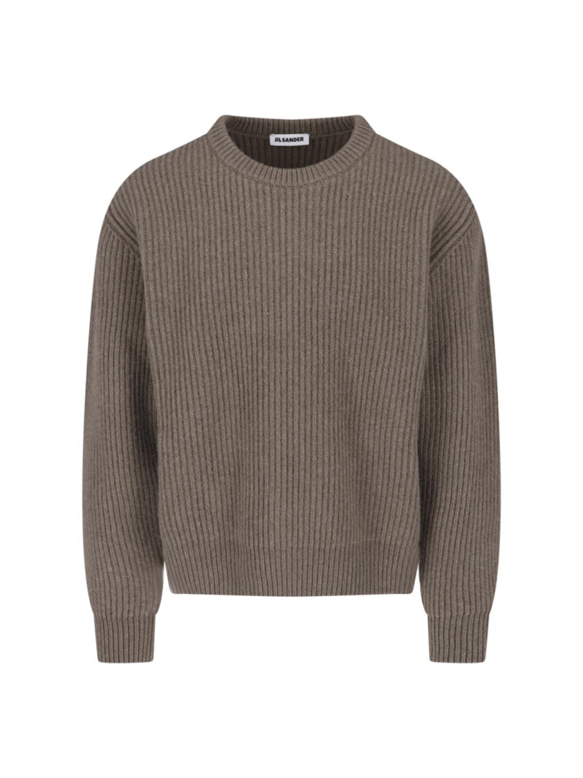 Jil Sander Brown Crewneck Ribbed Wool Sweater