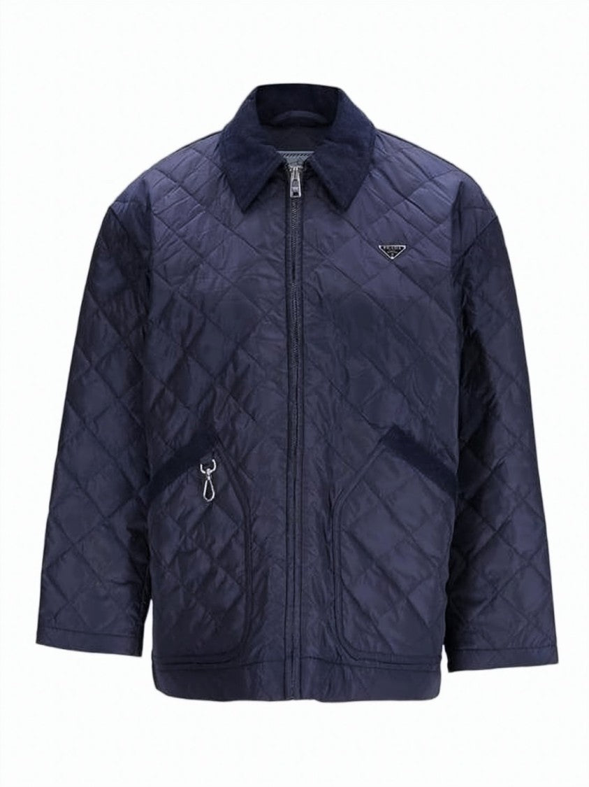 Prada Quilted Blue Jacket With Corduroy Collar