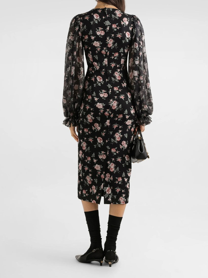 Dolce & Gabbana Fitted Midi Floral Print Silk Dress