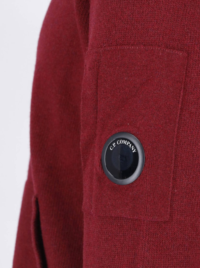 C.P. Company Burgundy Wool Blend Zip-Up Cardigan With Ribbed Collar