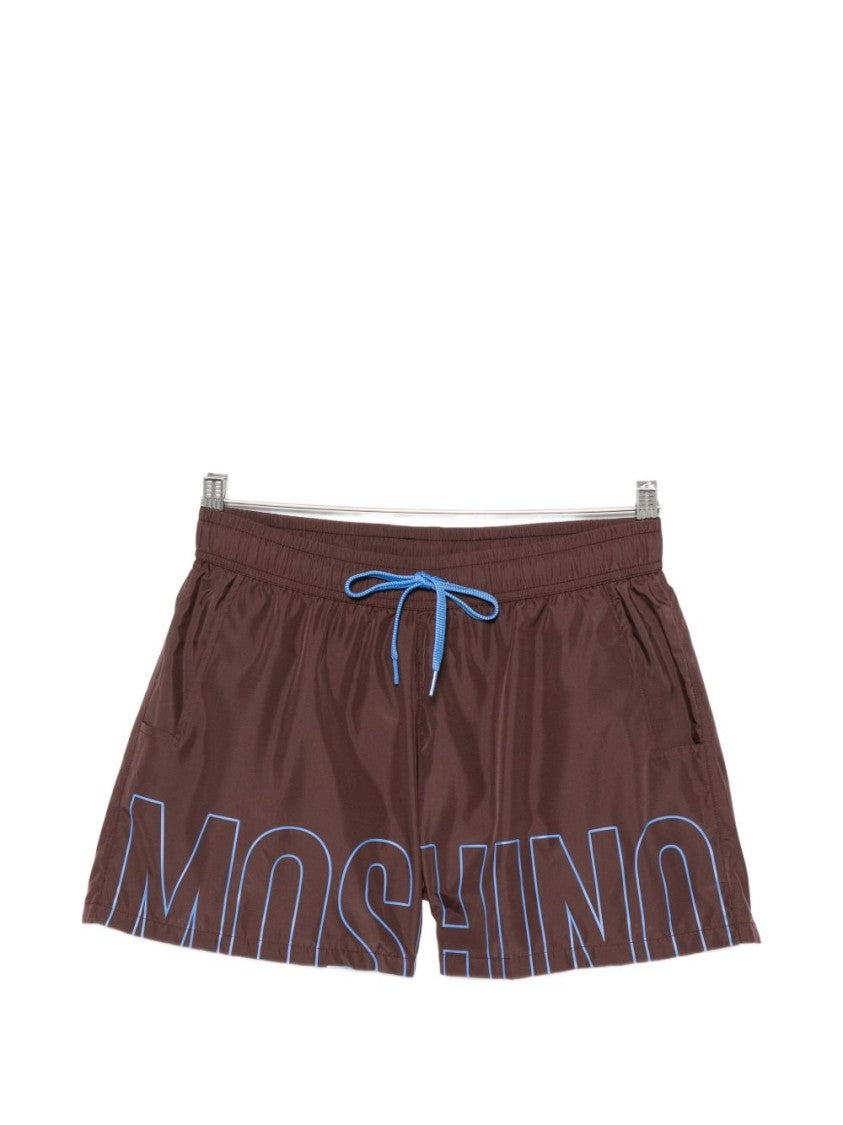 Moschino Brown Logo Print Drawstring Swim Shorts