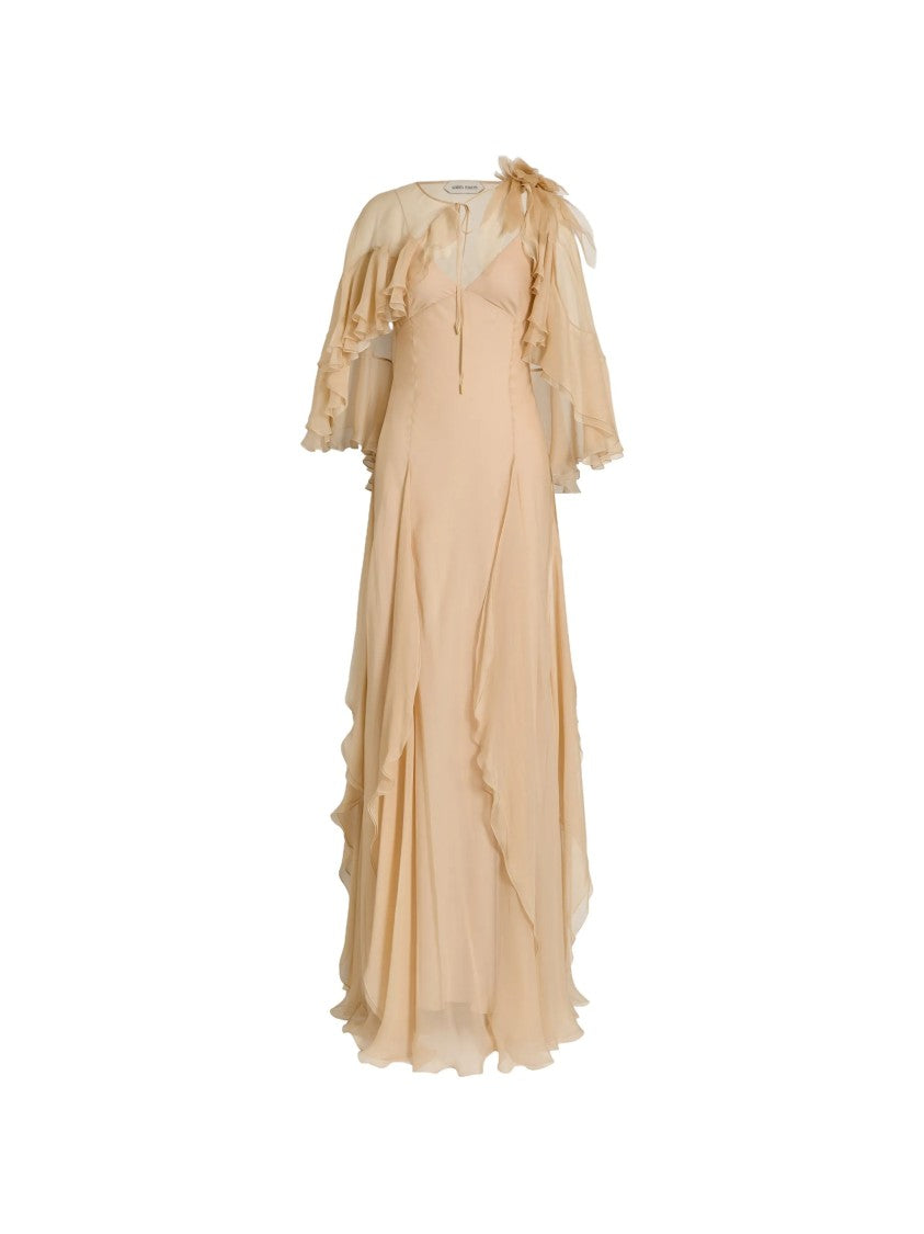 Alberta Ferretti Flowing Maxi Dress With Sheer Overlay And Ruffled Edges