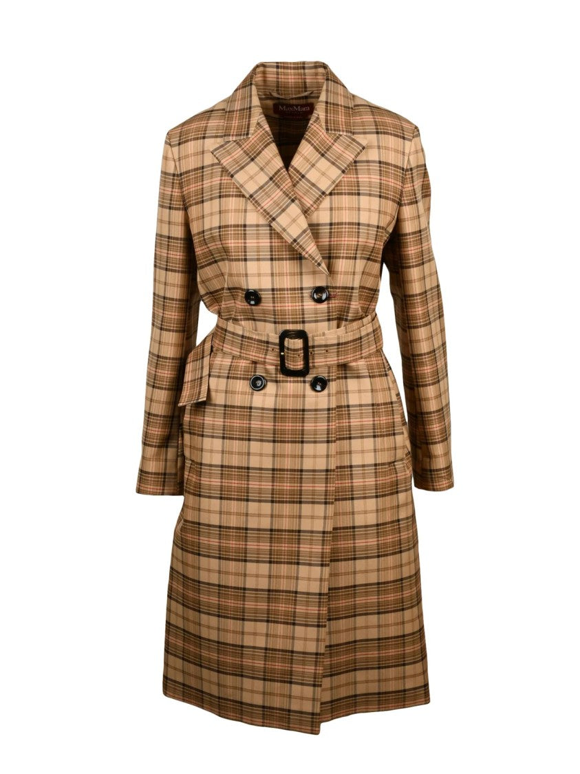 Max Mara Beige Double-Breasted Plaid Viscose-Blend Trench Coat
