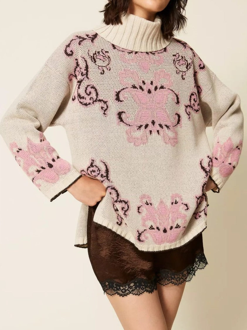 Twin-Set Loose-Fitting High Ribbed Turtleneck Wool-Blend Sweater