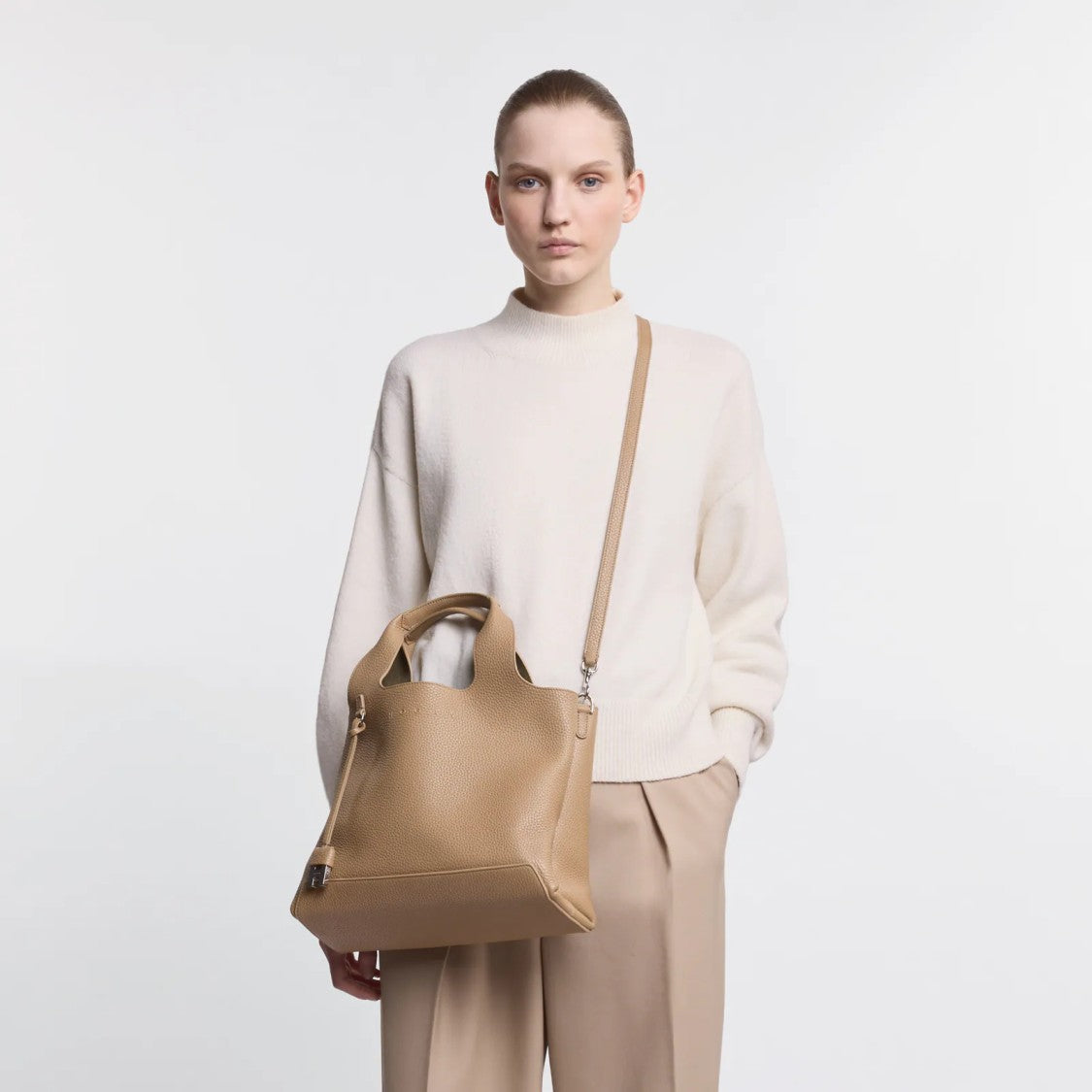 Hogan Structured Medium Biscuit Leather Shopping Bag