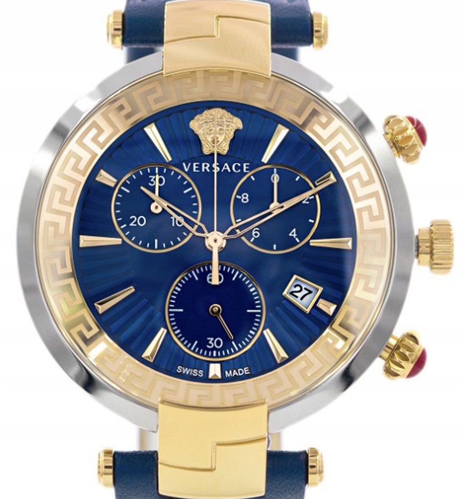 Versace Chronograph Watch With Blue Dial And Calf Leather Strap