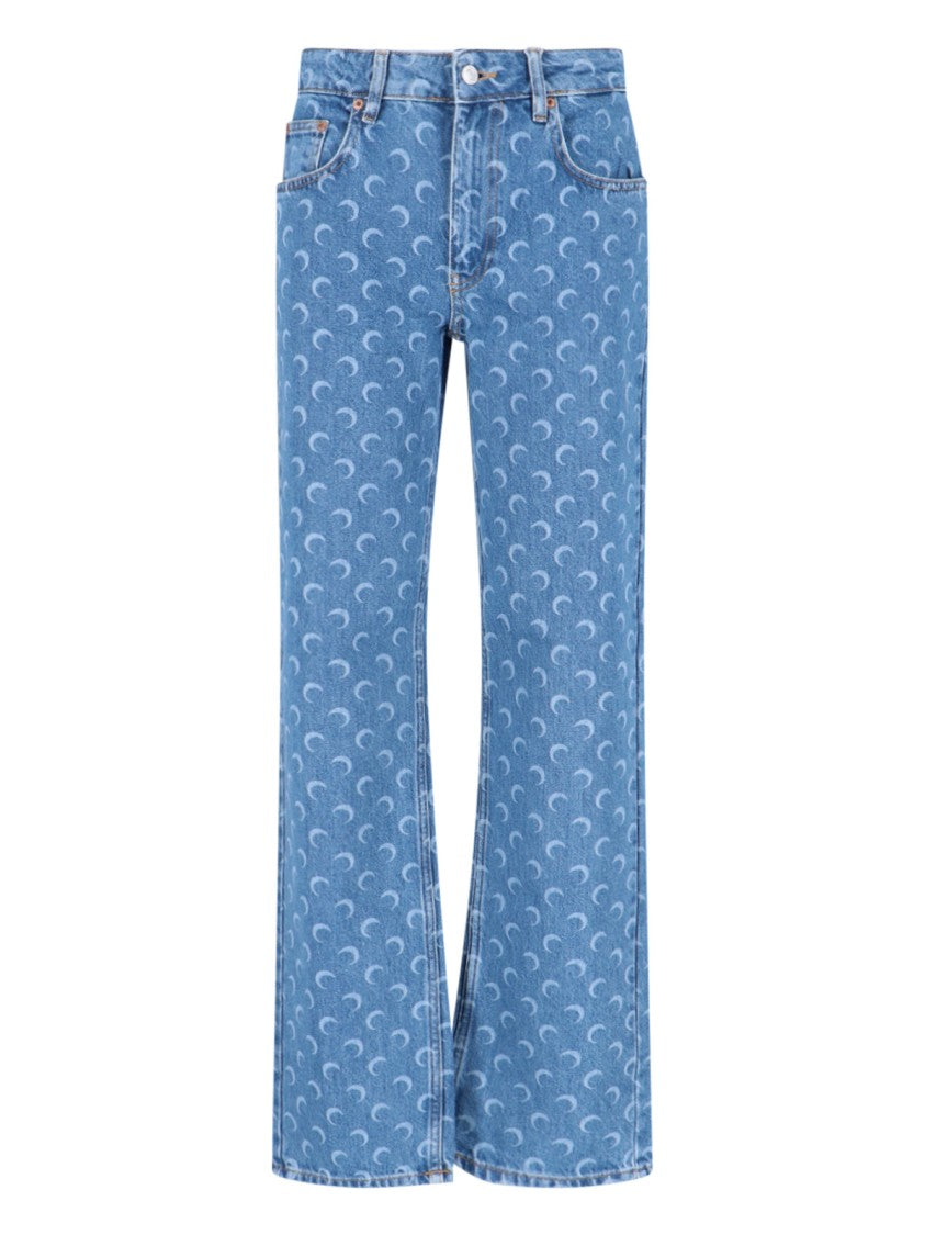 Marine Serre Straight-Leg Blue Denim Jeans With Five-Pocket Design