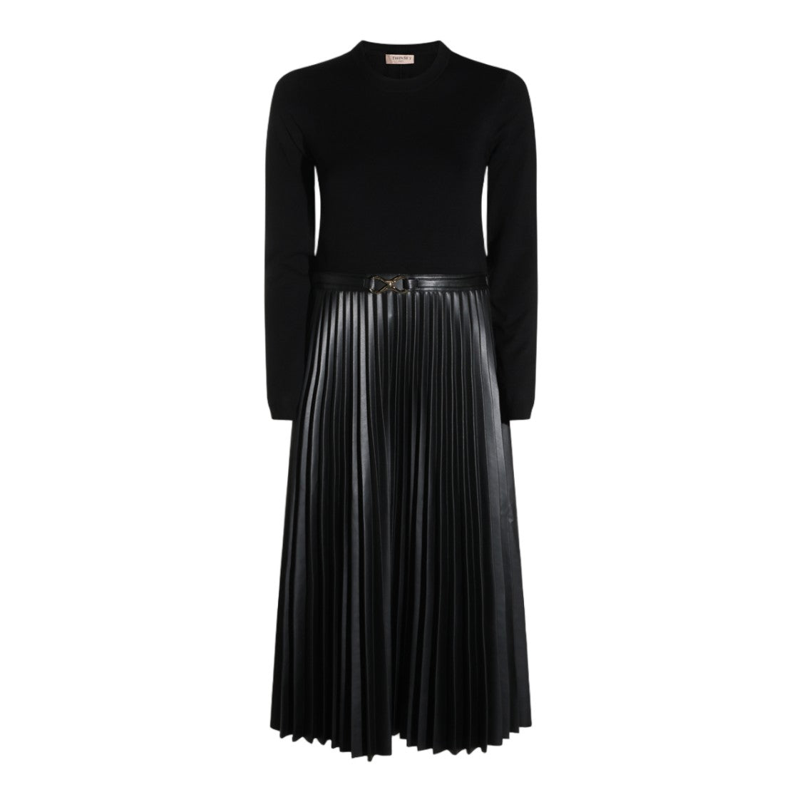 Twin-Set Fitted Knit Top Faux Leather Midi Dress